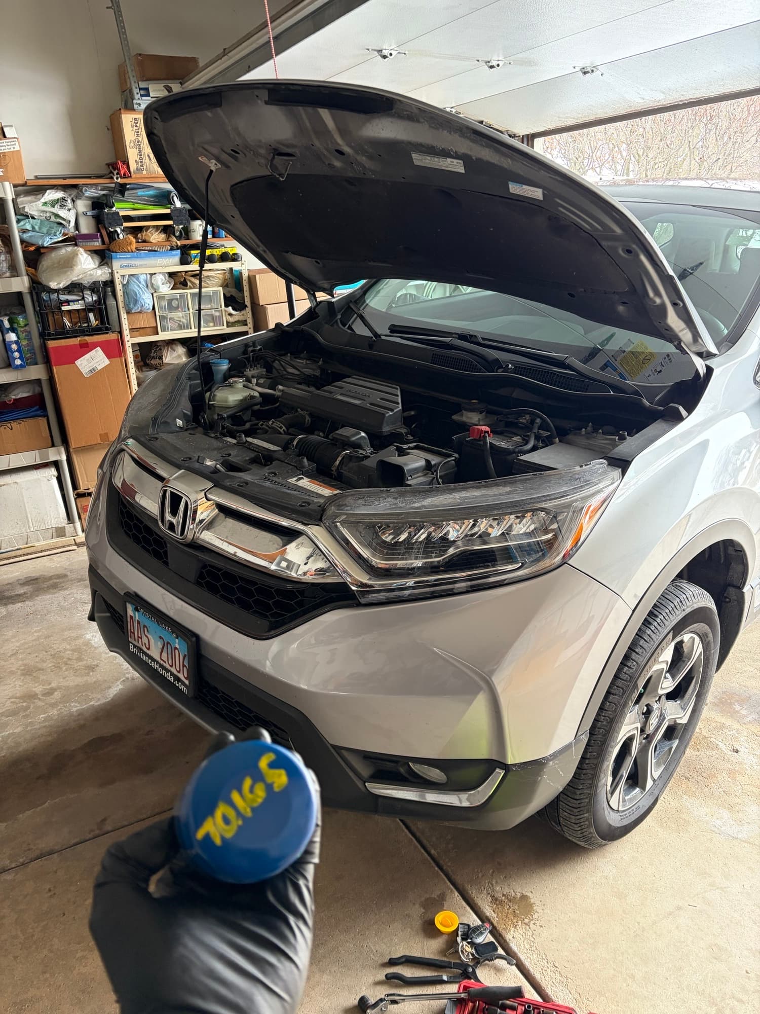 Gloved hand holding a blue oil filter near a silver Honda with open hood.