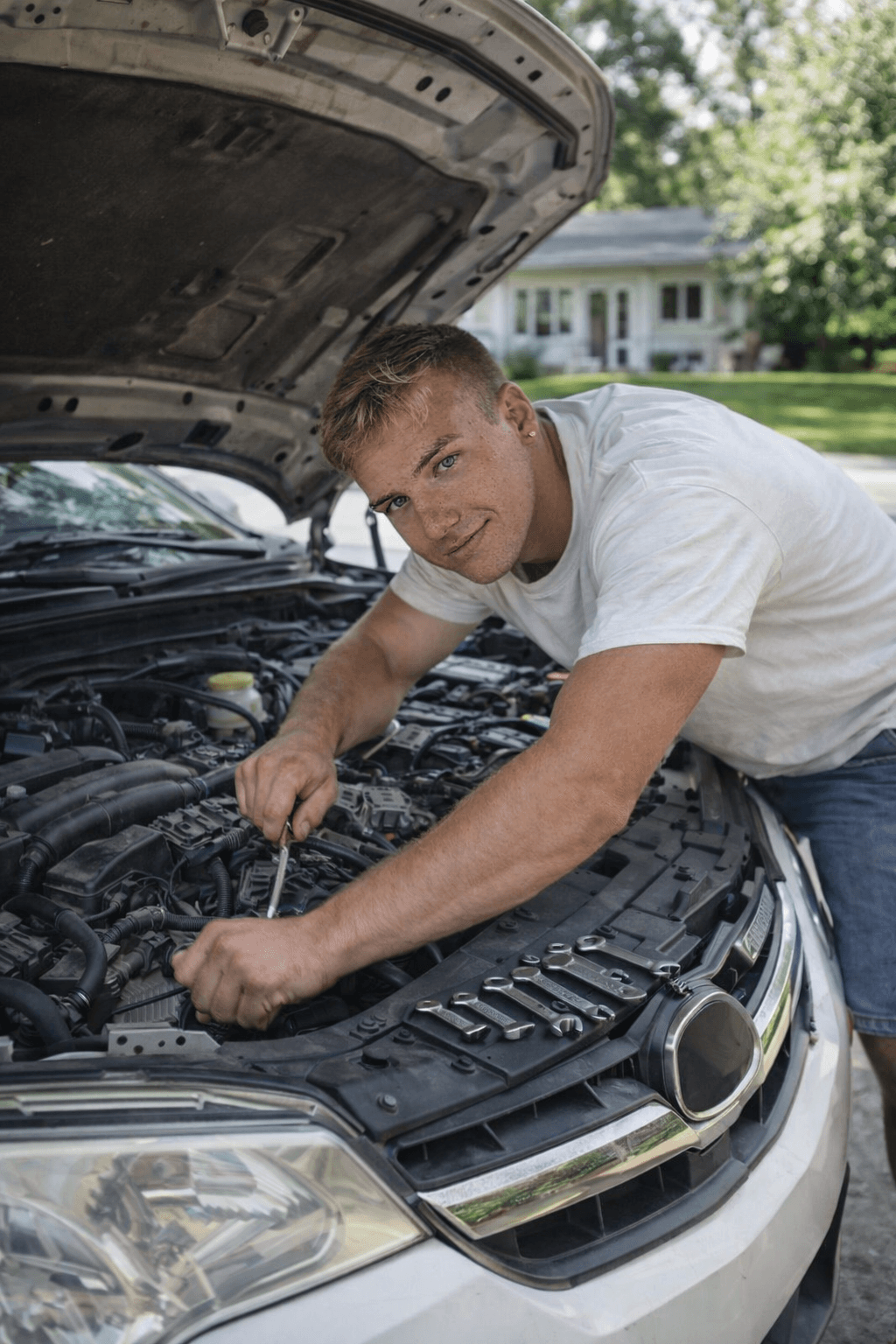 Young blonde man smiling while repairing a car engine with tools under an open hood.
