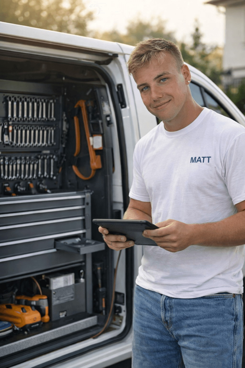 Smiling technician Matt holds a tablet beside an organized white service van full of tools.